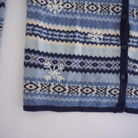 Vintage Talbots Blue White Knit Winter Snowflake Button Up Cardigan Sweater XL - Picture 8 of 10